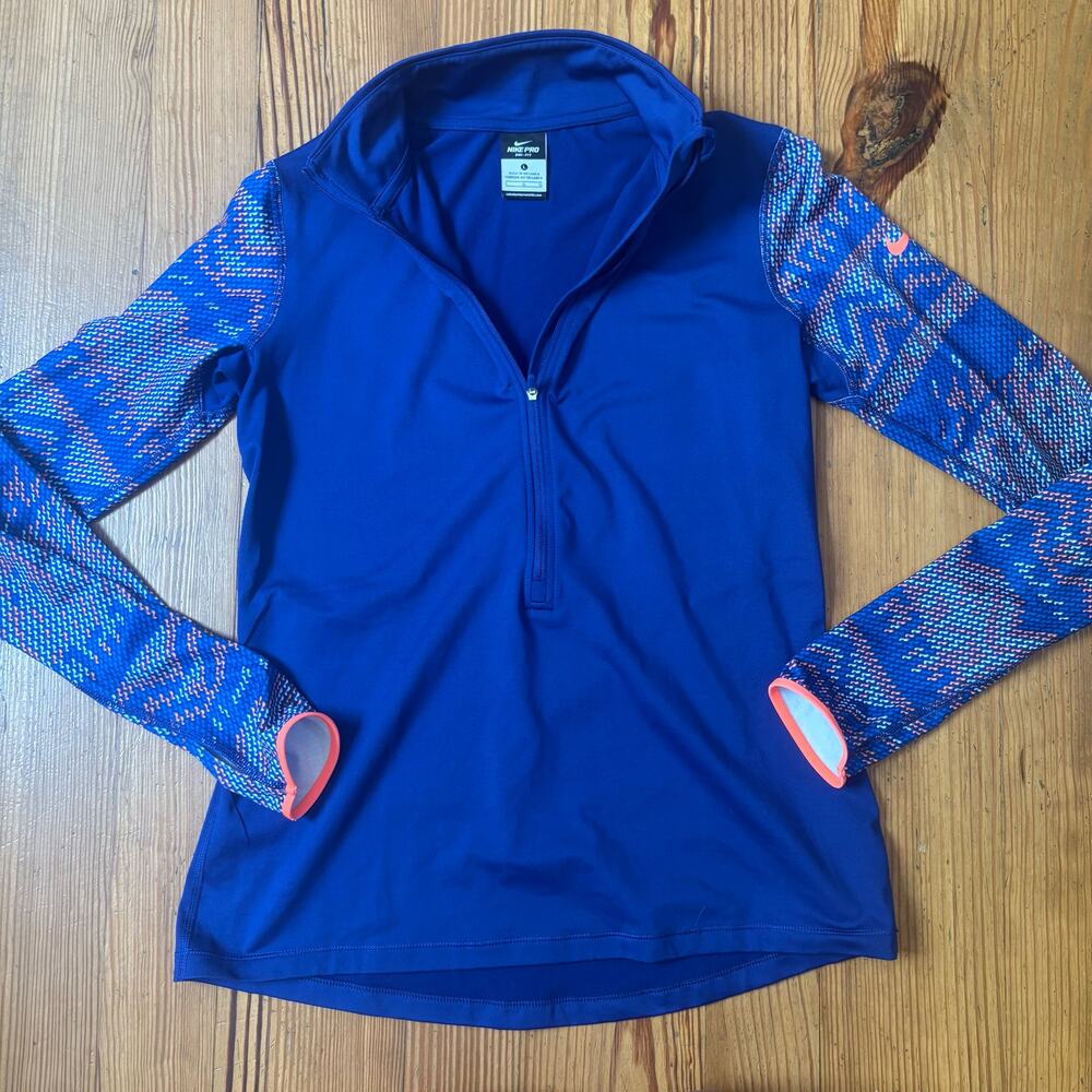 Nike Pro Dri‎ Fit blue tribal sleeve quarter zip womens athletic shirt SIZE L